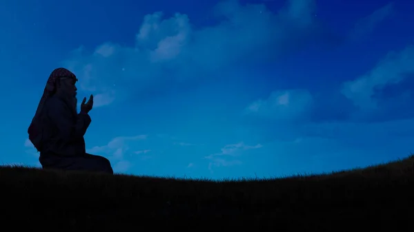 Sakallı Müslüman Bir Adam Gece Vakti Dua Ederken Keffiyeh Giyer — Stok fotoğraf