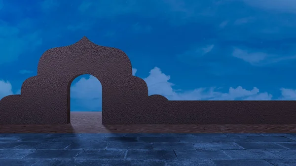 Verdieping Met Moskee Poort Met Uitzicht Het Landschap Nacht Scene — Stockfoto