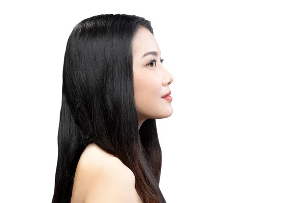 Портрет Однієї Вродливої Азіатської Жінки Довгим Волоссям Білому Фоні — стокове фото