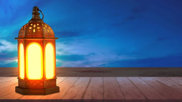 带夜景背景的木制桌子上有明亮灯光的阿拉伯灯 — 图库照片