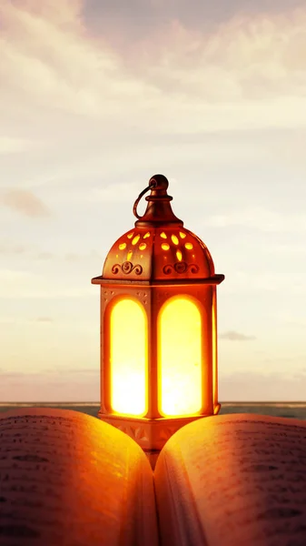 Quran and Arabic lamp with bright light with the sky background