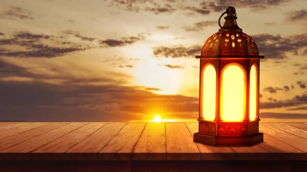 带有日落背景的木制桌子上明亮灯光的阿拉伯灯 — 图库照片