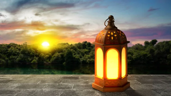 Arabische Lamp Met Fel Licht Met Zonsondergang Scene Achtergrond — Stockfoto