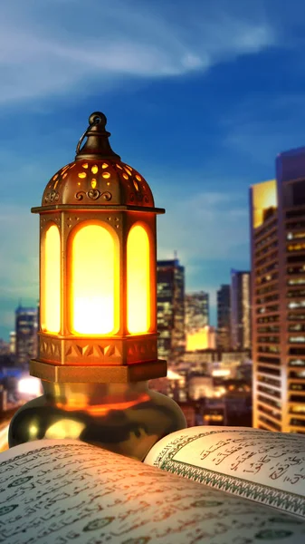 Korán Arab Lámpa Élénk Fény Városkép Háttér — Stock Fotó