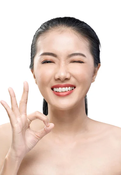 Porträtt Asiatiska Skönhet Kvinna Blinka Med Gest Isolerad Över Vit — Stockfoto