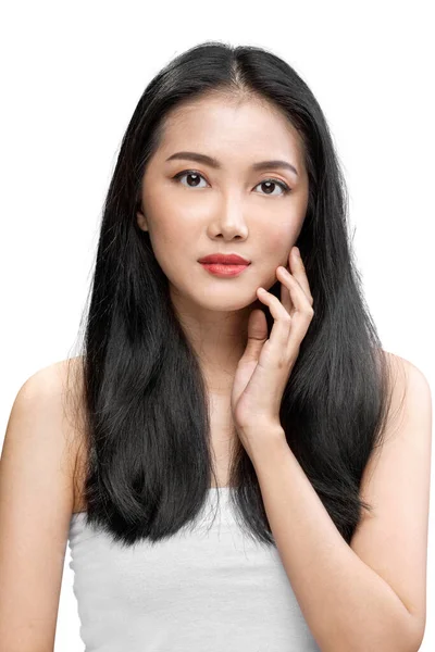 Portret Azjatki Pięknej Kobiety Długimi Włosami Odizolowanej Białym Tle — Zdjęcie stockowe