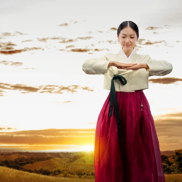 Aziatische Vrouw Draagt Een Traditioneel Koreaans Nationaal Kostuum Hanbok Gelukkige — Stockfoto