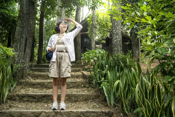 Asian Woman Looking Forest Traveling Activity — Stock Photo, Image