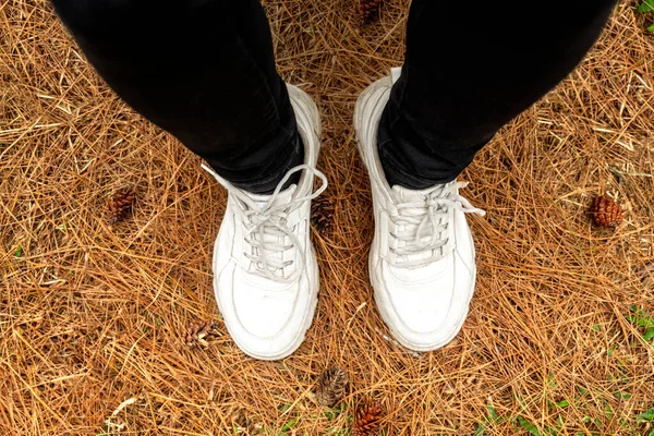 Жіночі Ноги Білими Туфлями Ходять Лісі Мандрівна Діяльність — стокове фото