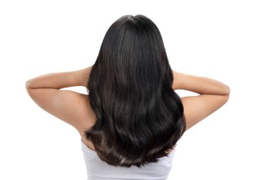 Portrait rear view of an Asian beautiful woman with long hair isolated over white background