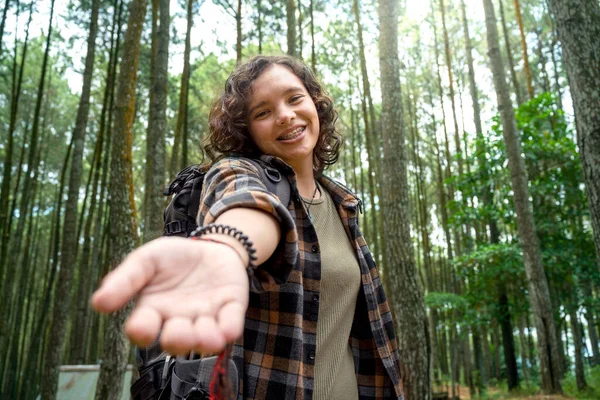 Asian Woman Trekking Forest Open Hand Traveling Activity — Stock Photo, Image
