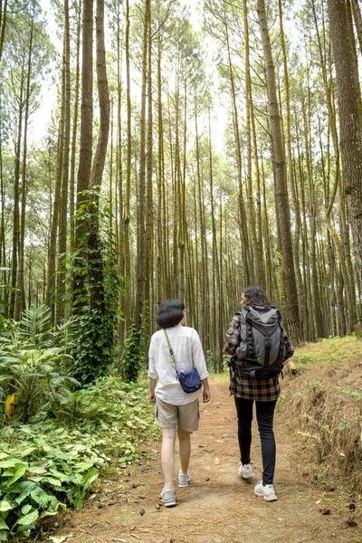 Hátul Ahogy Két Ázsiai Együtt Túrázik Erdőben Utazási Tevékenység — Stock Fotó