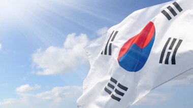 Gökyüzünde dalgalanan Kore bayrağı. Kore 'nin Ulusal Kurtuluş Günü kavramı