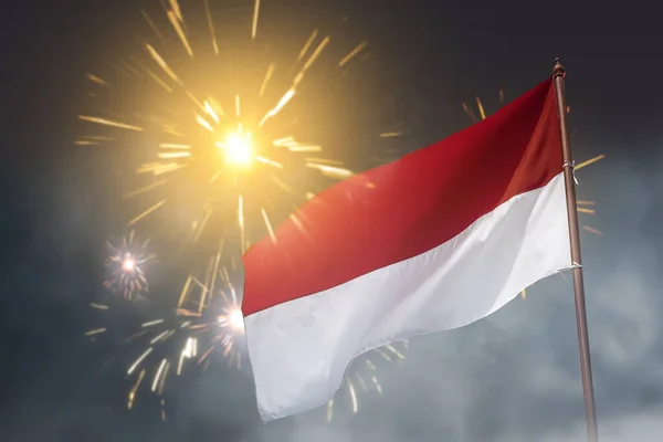 Bandeira Vermelha Branca Bandeira Indonésia Com Fundo Fogos Artifício — Fotografia de Stock