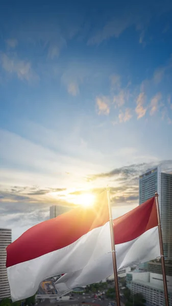 Red White Flag Indonesian Flag Blue Sky Background — Fotografia de Stock
