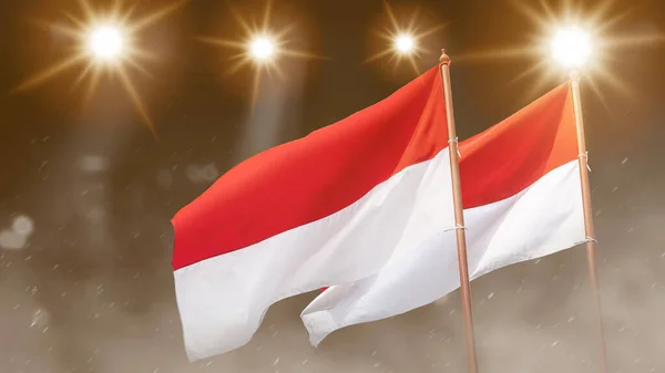 Красно Белый Флаг Индонезии Фоне Прожекторов — стоковое фото