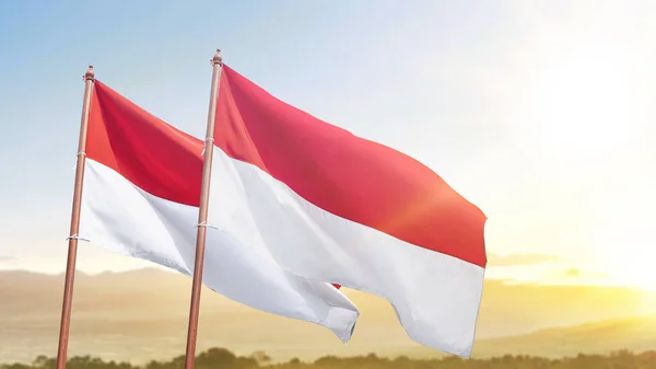Red White Flag Indonesian Flag Blue Sky Background — Stok fotoğraf