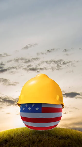 American flag with safety helmet. Labor day concept