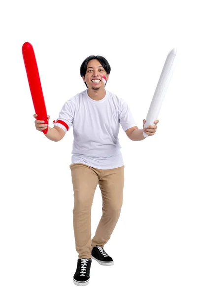 Indonesian Man Supporting Indonesian Team Competing Isolated White Background — Stock Photo, Image