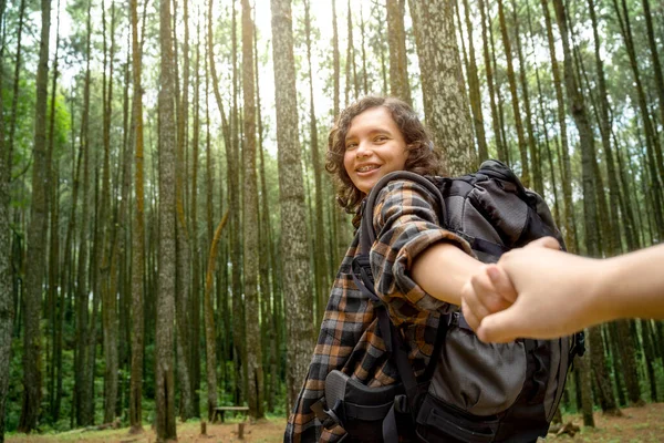 Mixed Race Woman Trekking Forest Holding Hands Traveling Activity — Stock Photo, Image