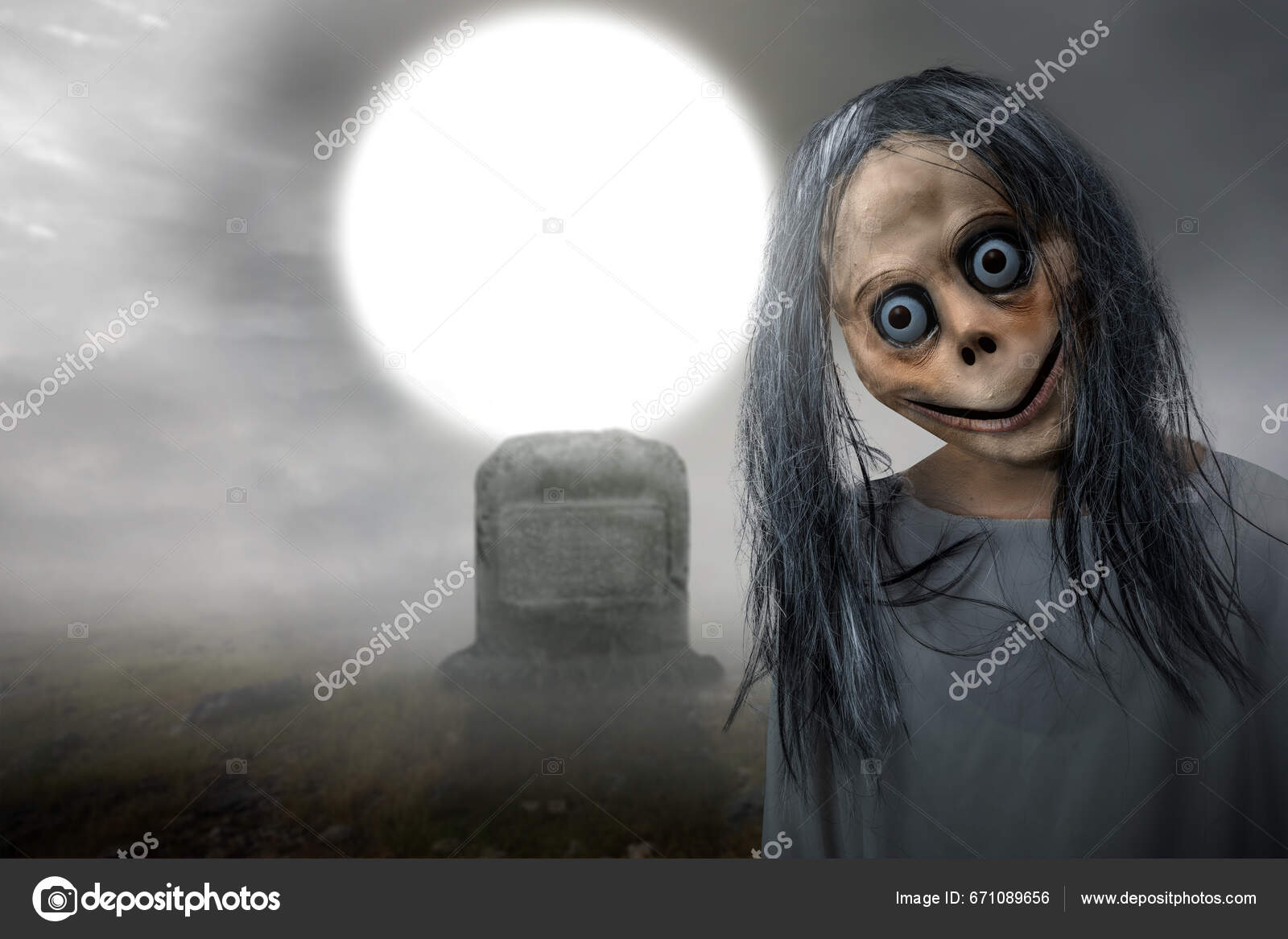 Momo Assustador Cemitério Com Fundo Cena Noturna Cara Assustadora Para  fotos, imagens de © leolintang #671089656