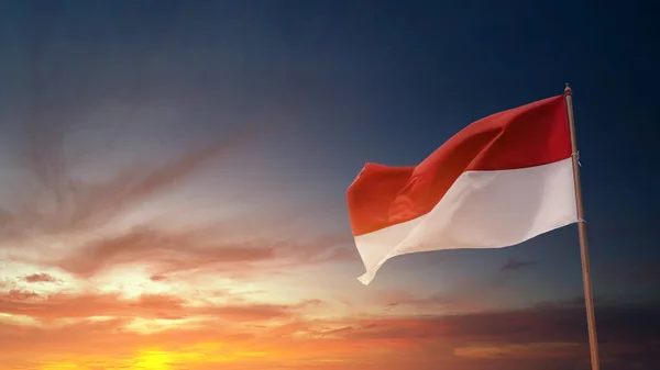 Den Röda Och Vita Flaggan Indonesisk Flagga Med Soluppgången Scen — Stockfoto