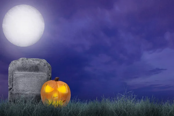 Jack Lanterna Uma Lápide Cemitério Com Fundo Cena Noturna Conceito — Fotografia de Stock