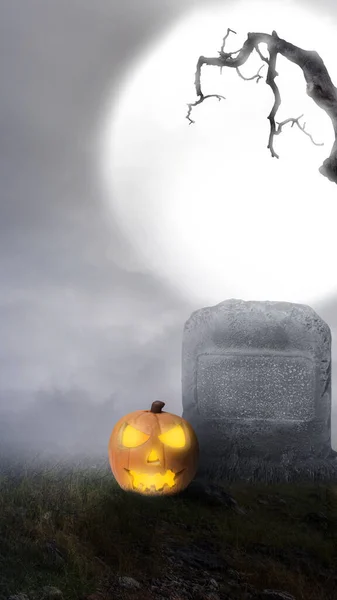 Jack Lanterna Uma Lápide Cemitério Com Fundo Cena Noturna Conceito — Fotografia de Stock