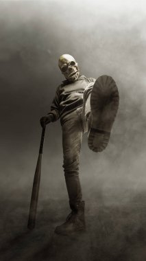 Kafatası kafalı bir adam elinde beyzbol sopasıyla arka planda duruyor. Korkunç iblis Cadılar Bayramı konsepti