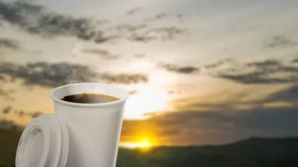Tasse Kaffee Mit Sonnenuntergang Szene Hintergrund Konzept Zum Internationalen Kaffeetag — Stockfoto