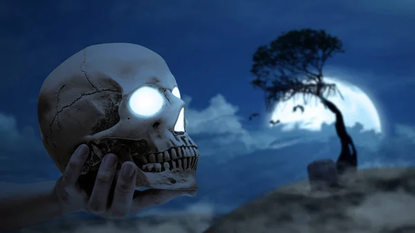 Mano Sosteniendo Cabeza Cráneo Humano Con Fondo Escena Nocturna Concepto — Foto de Stock