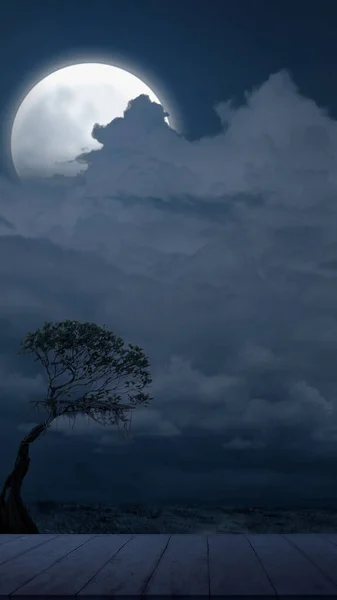 Árbol Muerto Con Luna Llena Noche Concepto Fondo Halloween Miedo — Foto de Stock