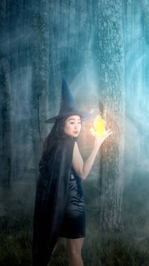 Gecenin bir yarısı sisli ormanda elinde büyü gösteren korkunç bir cadı. Cadılar Bayramı için korkunç bir cadı. Cadılar Bayramı konsepti