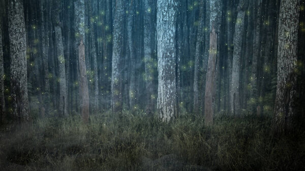Misty forest in the night. Scary Halloween background concept
