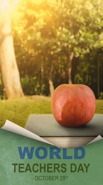 Książka Owocami Jabłek Świeżym Powietrzu Koncepcja Światowego Dnia Nauczyciela — Zdjęcie stockowe