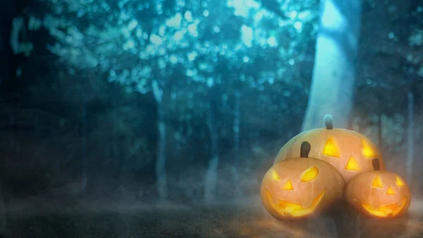Jack-o-Lantern on the misty forest. Cute Halloween Wallpaper concept