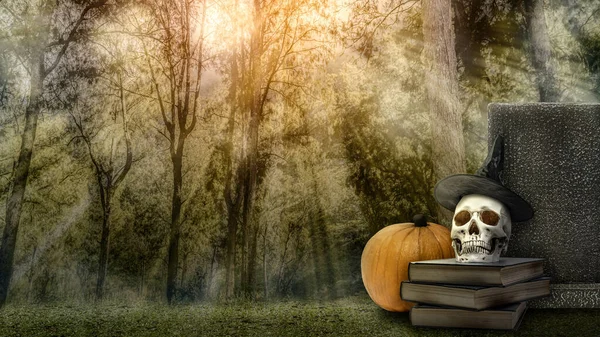 Stack of spell books and a human head skull with pumpkin and gravestone on the haunted forest. Cute Halloween Wallpaper concept