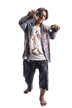 Vücudunda kan ve yaralar olan korkunç bir zombi beyaz arka planda tek başına yürüyor.