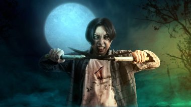 Vücudunda kan ve yaralar olan korkunç bir zombi gece dolunaylı bir çim biçme makinesini taşırken yürüyor. Korkunç zombi. Cadılar Bayramı konsepti