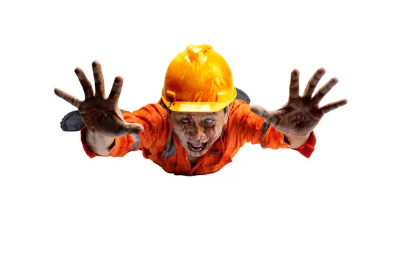 Scary Construction Worker Zombie Blood Wounds His Body Crawling Isolated — Stock Photo, Image