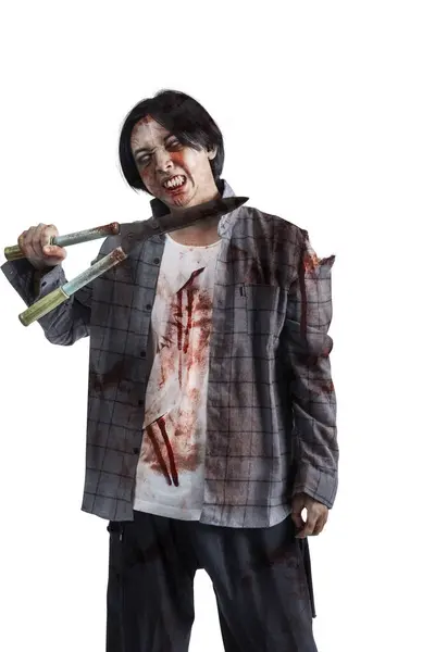 Děsivá Zombie Krví Ranami Jeho Těle Při Chůzi Nošení Sekačky — Stock fotografie
