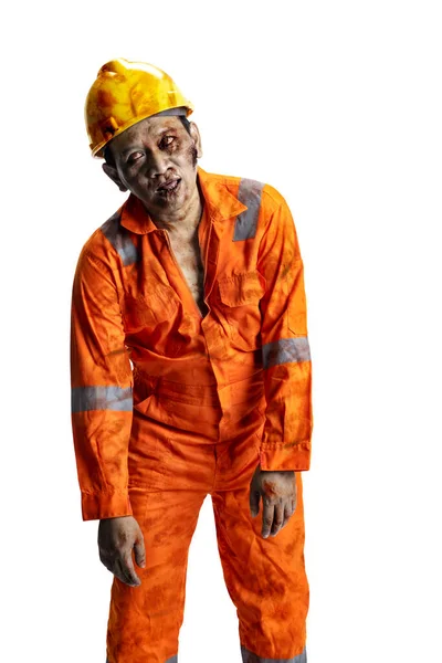 Zombie Trabalhador Construção Assustador Com Sangue Feridas Seu Corpo Andando — Fotografia de Stock