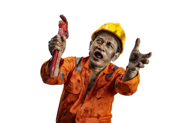 Uno Spaventoso Lavoratore Edile Zombie Con Sangue Ferite Sul Suo — Foto Stock