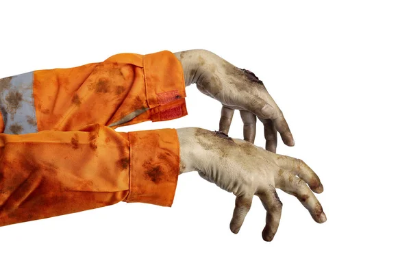 The hand of a scary construction worker zombie with blood and wounds isolated over a white background