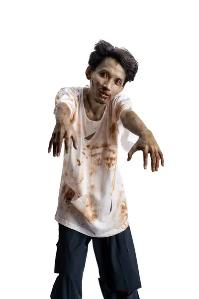 Scary Zombie Blood Wounds His Body Walking Isolated White Background — Stock Photo, Image