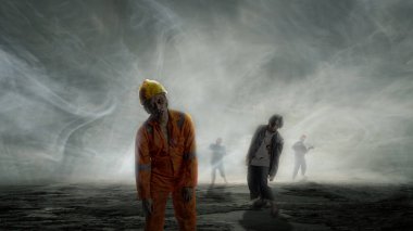 Vücudunda kan ve yara olan bir grup korkunç zombi karanlık bir zeminde yürüyor. Korkunç zombi. Cadılar Bayramı konsepti