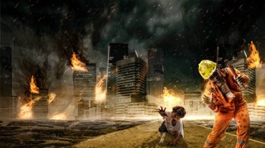 Vücudunda kan ve yara olan iki korkunç zombi harabe şehirde yürüyor. Korkunç zombi. Cadılar Bayramı konsepti