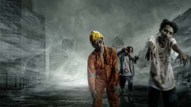 Vücudunda kan ve yara olan bir grup korkunç zombi harabe şehirde yürüyor. Korkunç zombi. Cadılar Bayramı konsepti