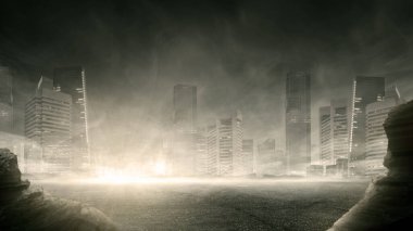Dramatik bulutları olan harap şehir. Korkunç Cadılar Bayramı konsepti