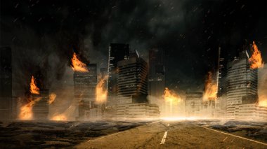 Dramatik bulutları olan harap şehir. Korkunç Cadılar Bayramı konsepti